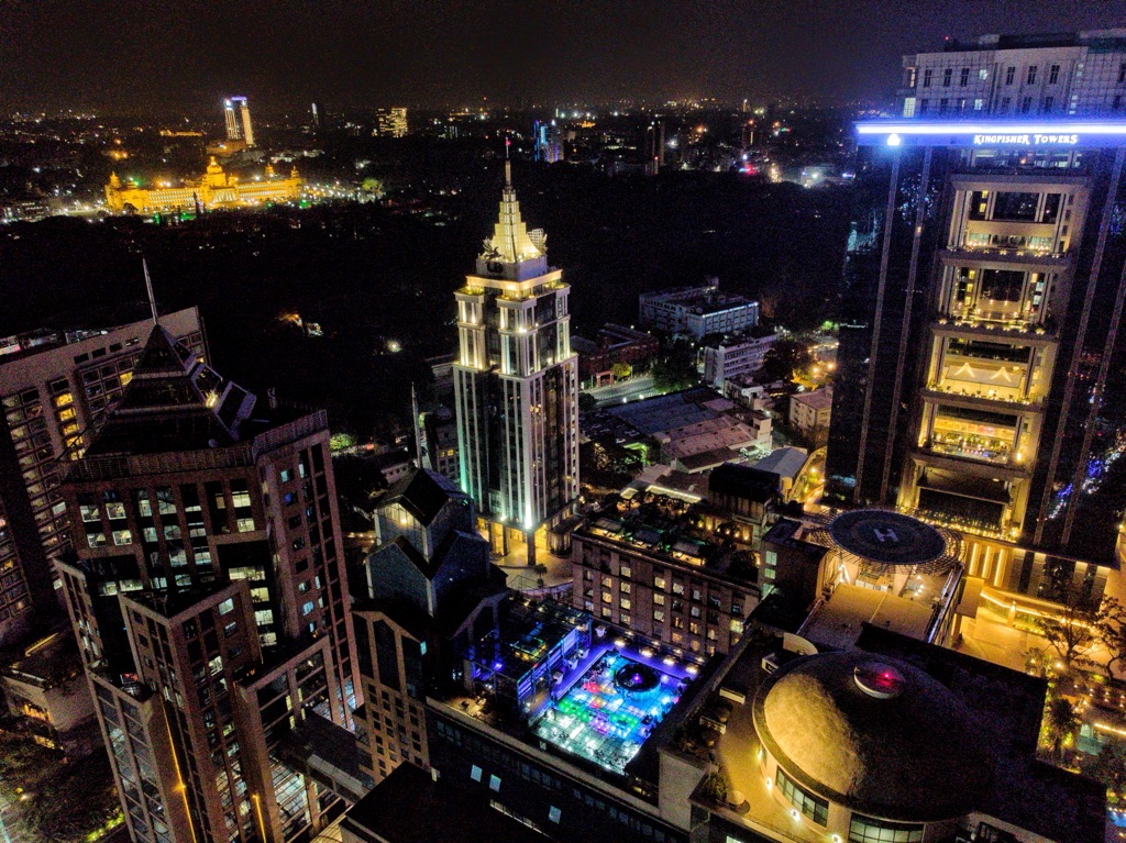 UB City business district illuminated at night in Bangalore